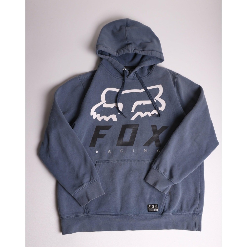 Fox Racing Mens Large Blue Gray Graphic Logo Pullover Hoodie Sweatshirt